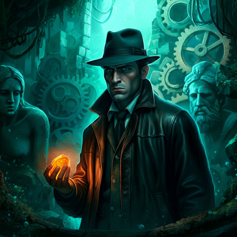 Arqueólogo con sombrero explorando la Atlántida: estética de aventura gráfica de 1992 y Oricalco.