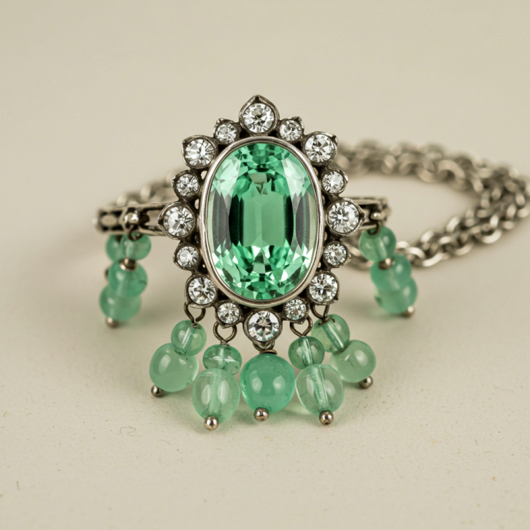 Colgante época victoriana plata y oro blanco, con Crisoprasa del Cuarteto de Gemas Creativas y halo de diamantes de esperanza y culminación