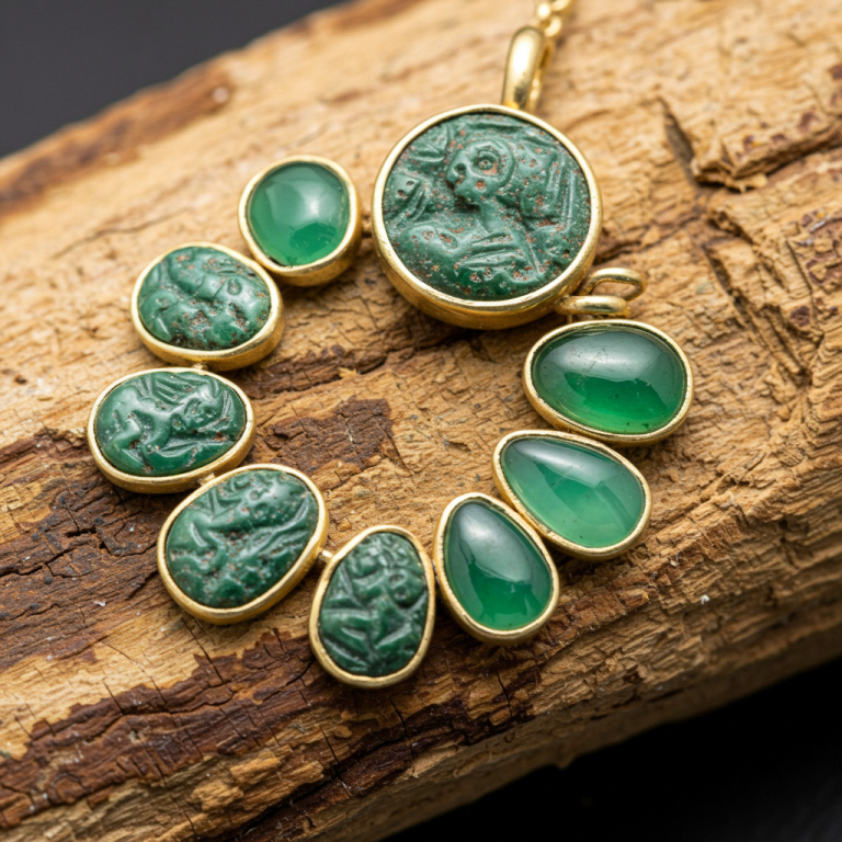 Colgante con distintas piedras de crisoprasa pulidas y talladas, Sino de Natura, Crecimiento y Tesón