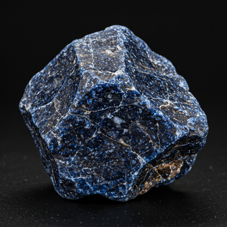 Fragmento de roca en bruto, angular, de color azul profundo y brillante con vetas y fracturas blancas o gris claro.