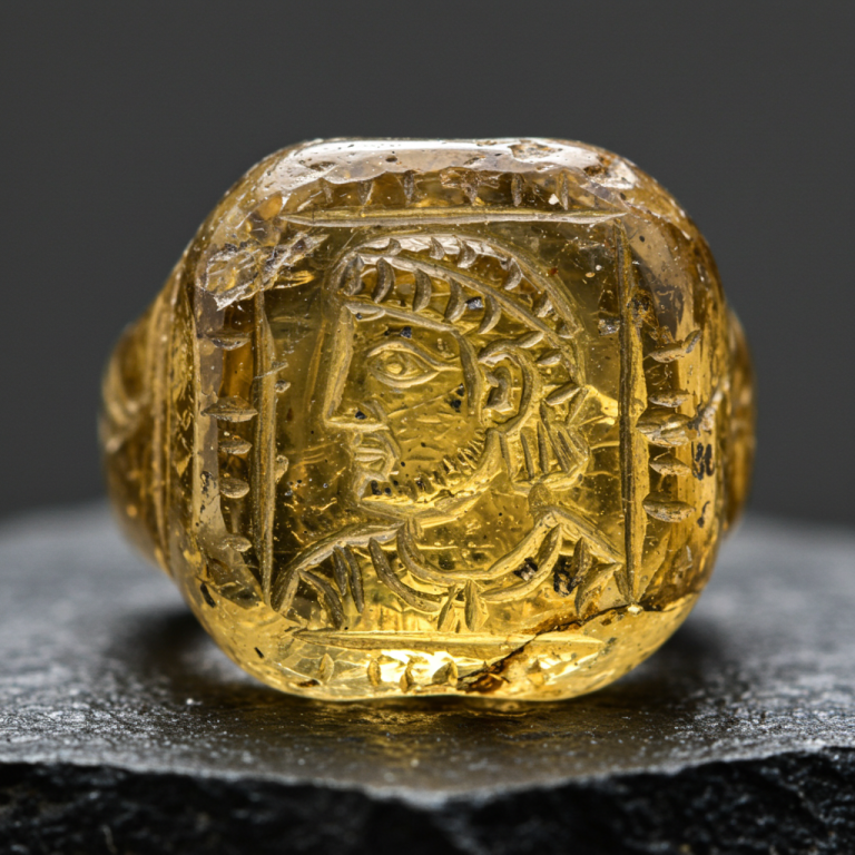 Anillo de sello tallado en un solo bloque de Citrino dorado, con un busto masculino de perfil grabado al estilo romano.