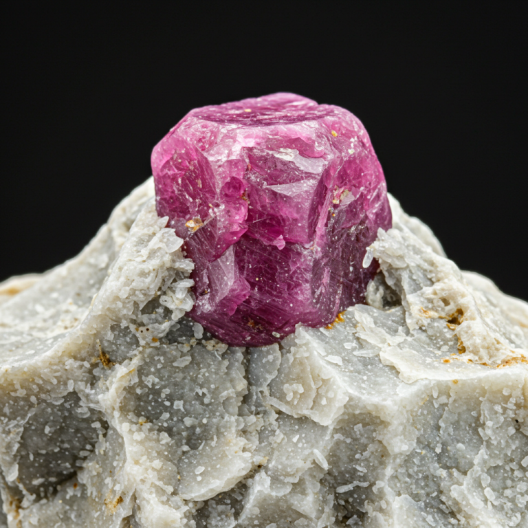 Cristal hexagonal de rubí en bruto de color magenta intenso, incrustado en una matriz rocosa de color gris claro.