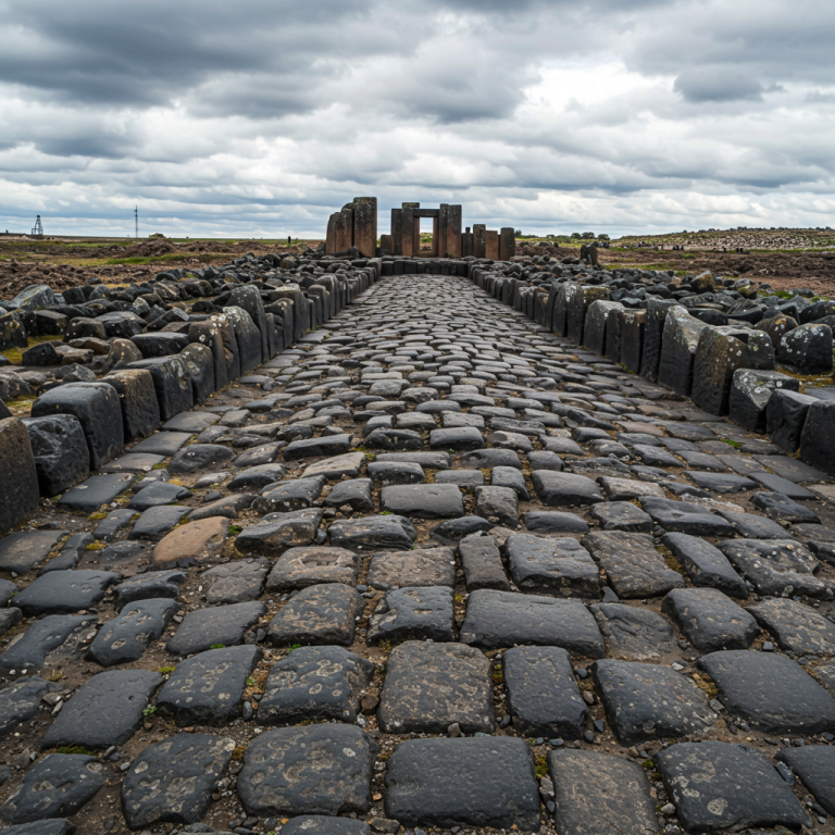 Camino largo pavimentado con adoquines negros de basalto/gabro, que conduce a un grupo de ruinas de columnas cuadradas.