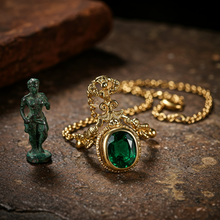 Collar de oro con esmeralda e ídolo de bronce antiguo: tesoros y reliquias de la civilización de la Atlántida.