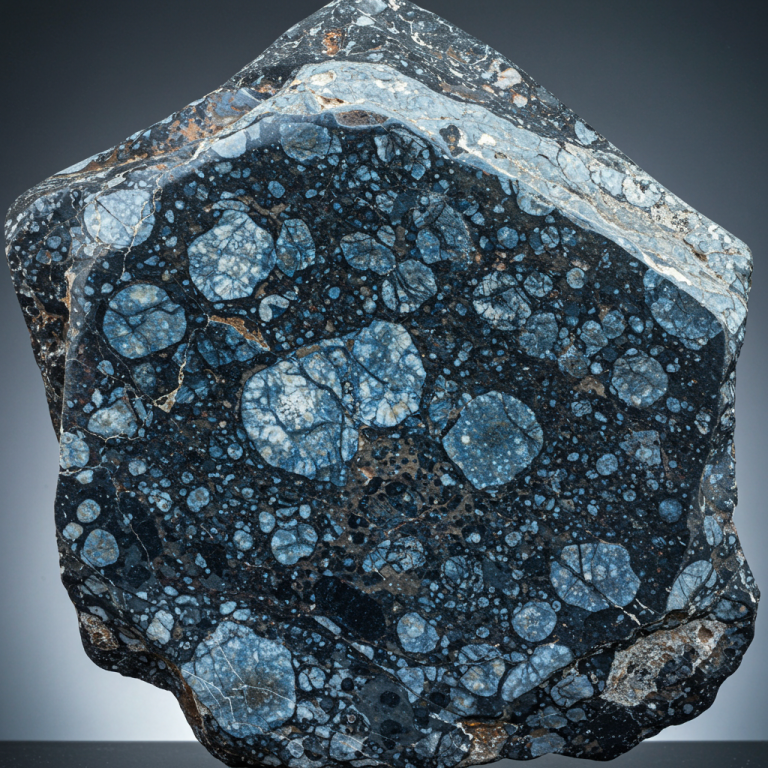 Gabro de textura esferulítica (orbicular), roca ígnea oscura con esferas circulares de plagioclasa de color gris azulado