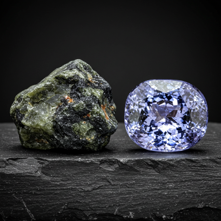 Comparación de un trozo de zoisita verde en bruto y una tanzanita púrpura-azul tallada, lista para joyería.