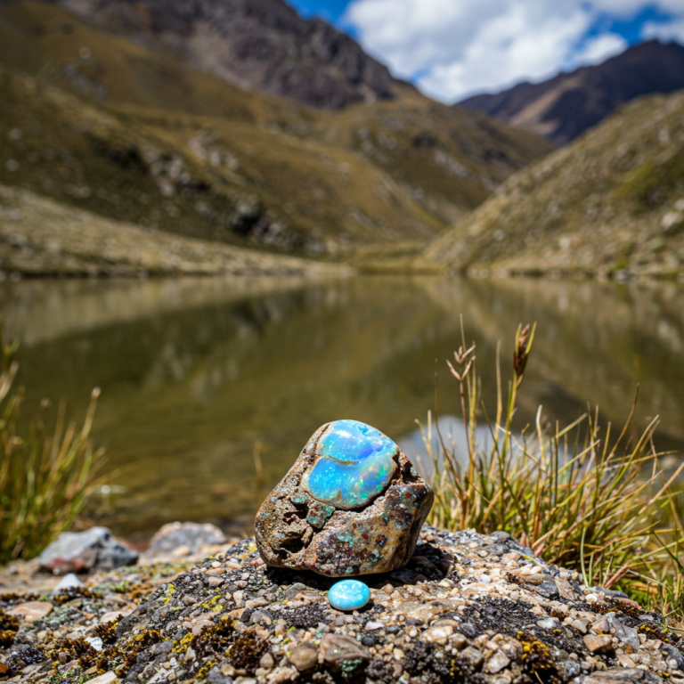 Ópalo de fuego en paisaje andino Ópalo azul brillante en matriz y una gema pulida más pequeña, en un entorno de montaña andina de Perú.