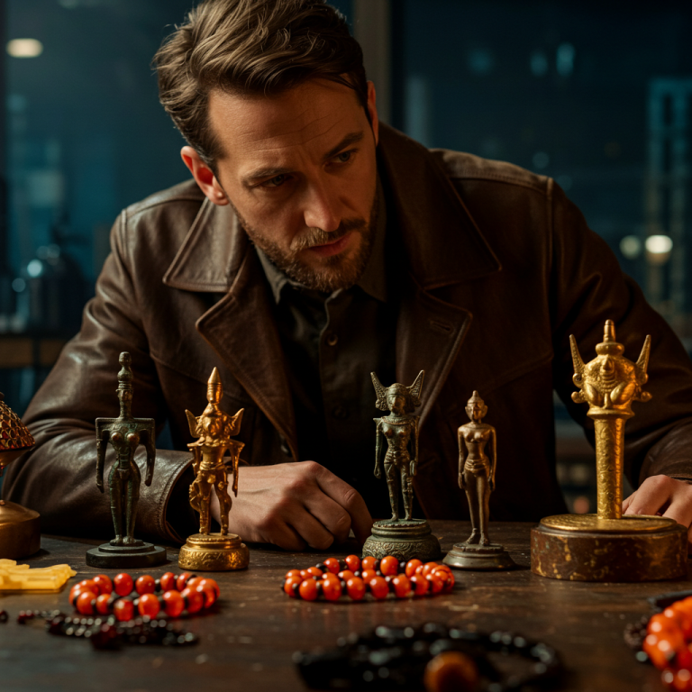 Explorador analizando ídolos de oro y metalurgia antigua en un laboratorio: arqueología y materiales.