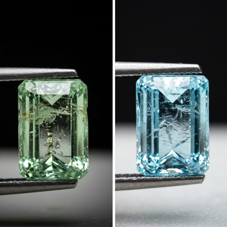 Gema de berilo dividida: color verde original (izquierda) y color azul claro (aguamarina) después del tratamiento térmico (derecha).