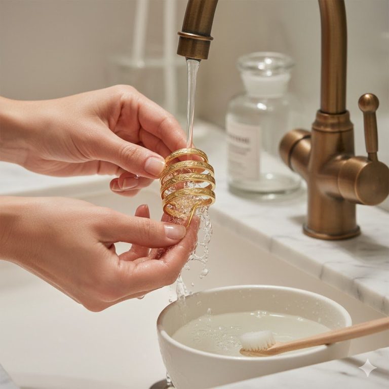 Ritual de Limpieza y Preservación de Trenceras de Oro Primer plano de unas manos lavando una trencera de oro en espiral bajo un grifo de agua, con un cuenco de jabón y un cepillo suave