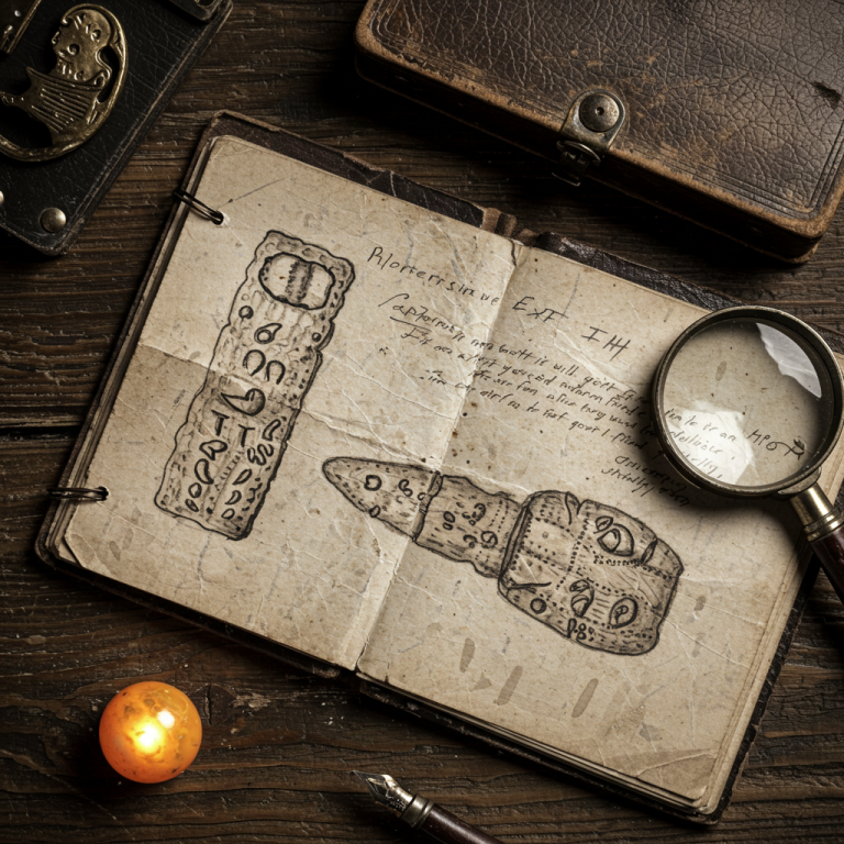 Escritorio de arqueólogo con diario de investigación, lupa y una cuenta de Oricalco brillante.
