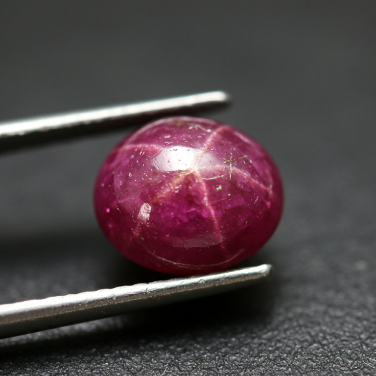 Primer plano de un rubí cabujón magenta con efecto óptico de estrella de seis puntas (asterismo), sujetado por pinzas.