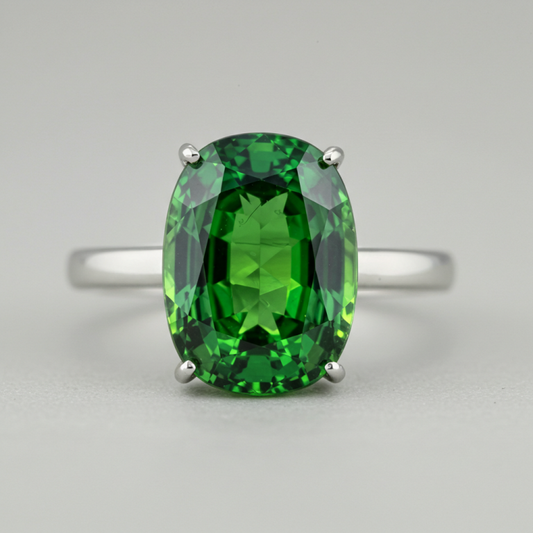 Anillo solitario simple con un gran granate Tsavorita verde brillante, tallado en forma de cojín ovalado.