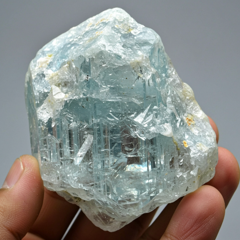Cristal de Aguamarina en bruto, azul pálido y translúcido, sostenido por una mano en un fondo gris claro.