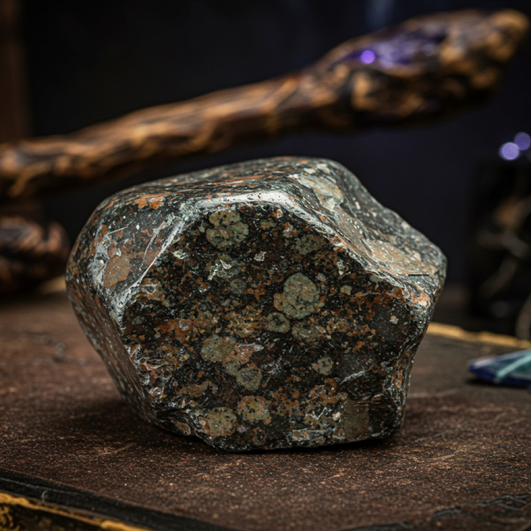 Espécimen masivo de gabro en bruto de color oscuro, mostrando la matriz negra de piroxeno y motas de plagioclasa.