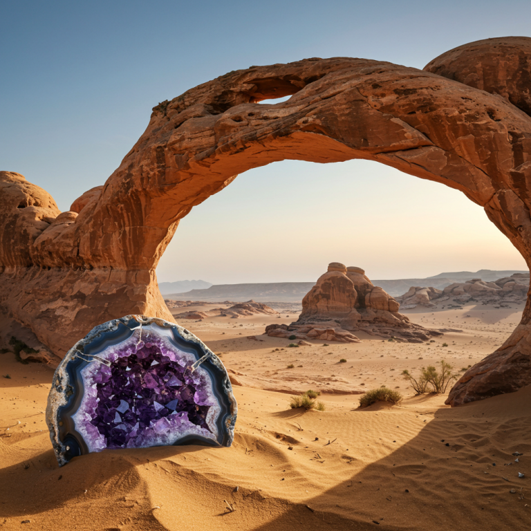 desierto monster Desierto de dunas con geodas naturales de amatista y cristales púrpura bajo el sol.