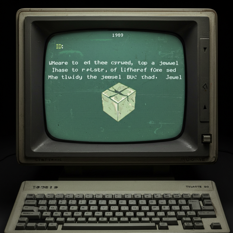 Pantalla de ordenador clásica mostrando una pista críptica sobre la joya robada. Efecto de monitor de fósforo verde.