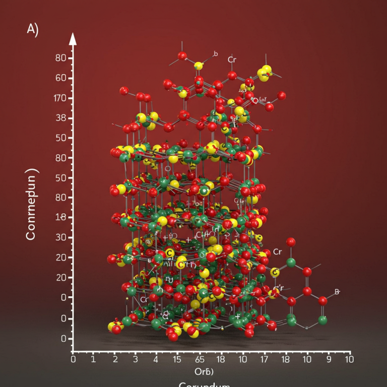 Diagrama atómico 3D de la estructura cristalina del corindón, con esferas rojas, verdes y amarillas que representan los átomos.
