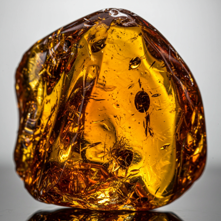 Pieza grande de ámbar pulido de color coñac, brillante y transparente, sobre un fondo oscuro.