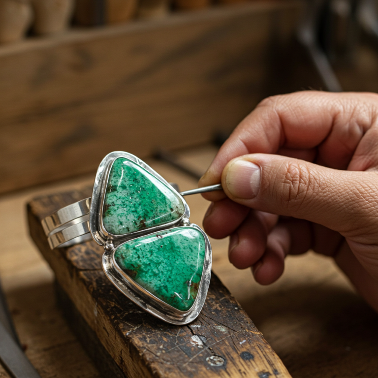 Artesano usando una herramienta para ajustar un brazalete de plata con dos grandes cabujones triangulares verdes intensos de brillo ceroso.