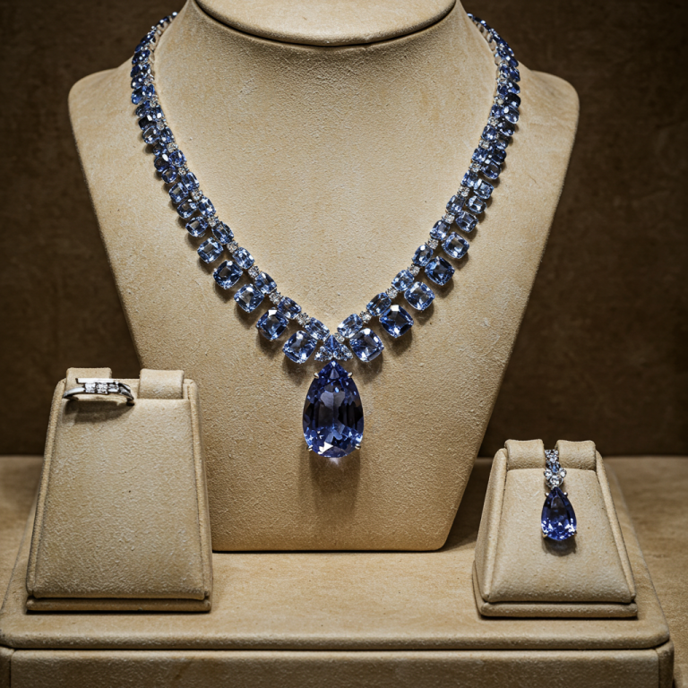 Elegante conjunto de joyería con collar, pendiente y anillo. Piezas engastadas con tanzanitas azules.