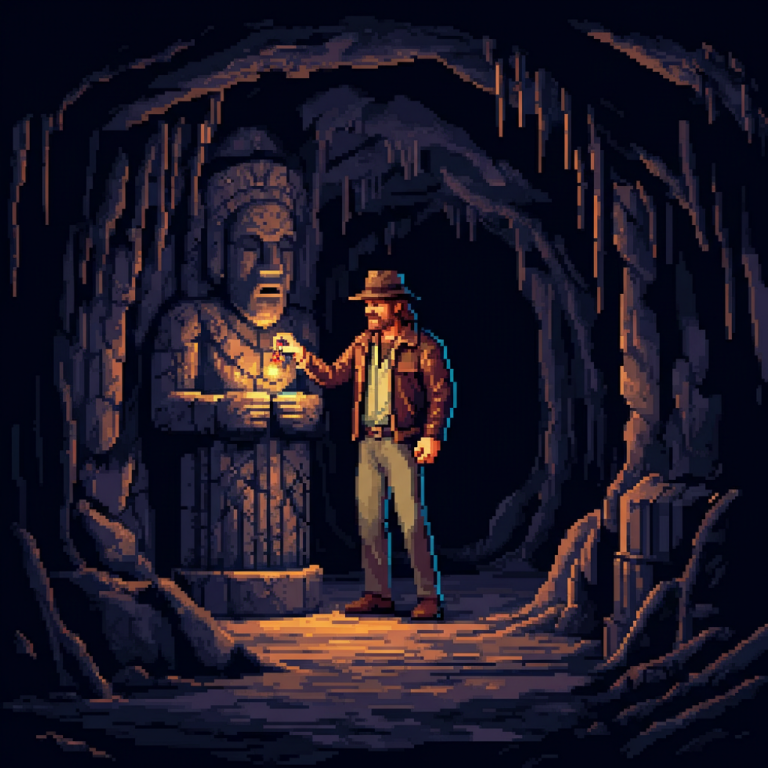 Ilustración VGA 256 colores: explorador descubriendo gema en una cueva antigua.