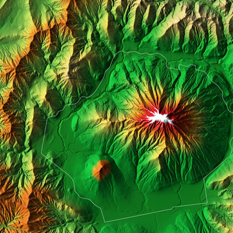 Mapa de elevación digital del Monte Kilimanjaro, mostrando las cimas Kibo y Mawenzi.
