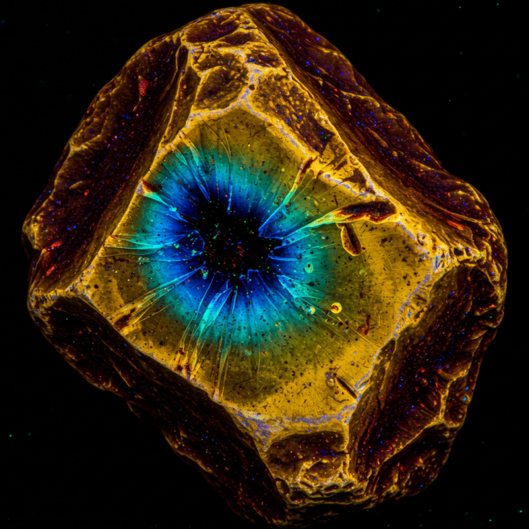 Un trozo de ámbar que brilla con una fuerte fluorescencia azul y verde bajo luz ultravioleta.