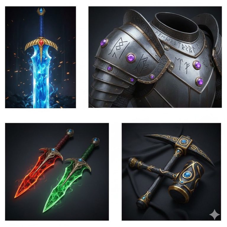 armas engastadas Mosaico con armas de cristal, iconos de inventario de gemas y herramientas fantásticas hechas de oro y joyas.