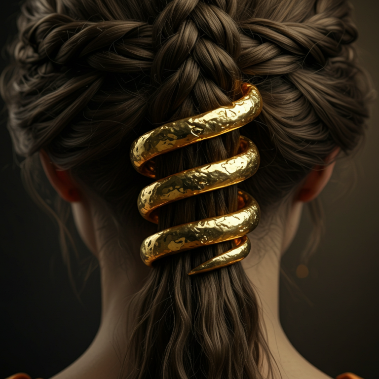 Accesorio de pelo trencera en espiral de oro martillado que sujeta una coleta parcialmente trenzada Parte trasera de la cabeza con cabello trenzado y una coleta, adornada con un accesorio trencera de metal dorada en forma de espiral.
