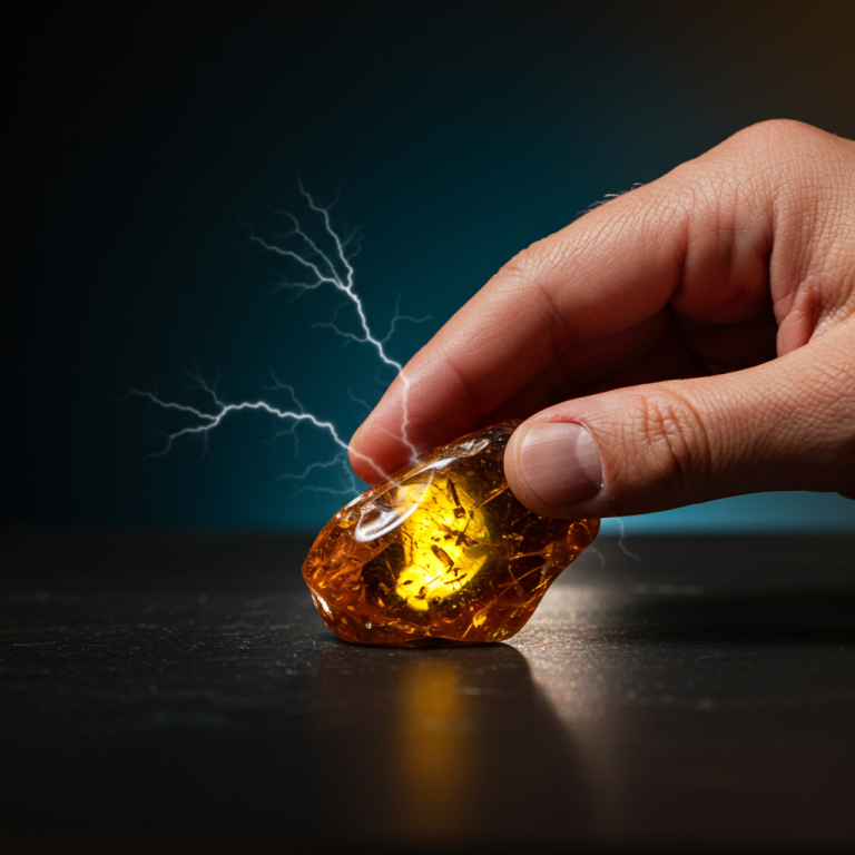 Mano frotando una pieza de ámbar pulido, con pequeñas chispas de electricidad estática visibles.