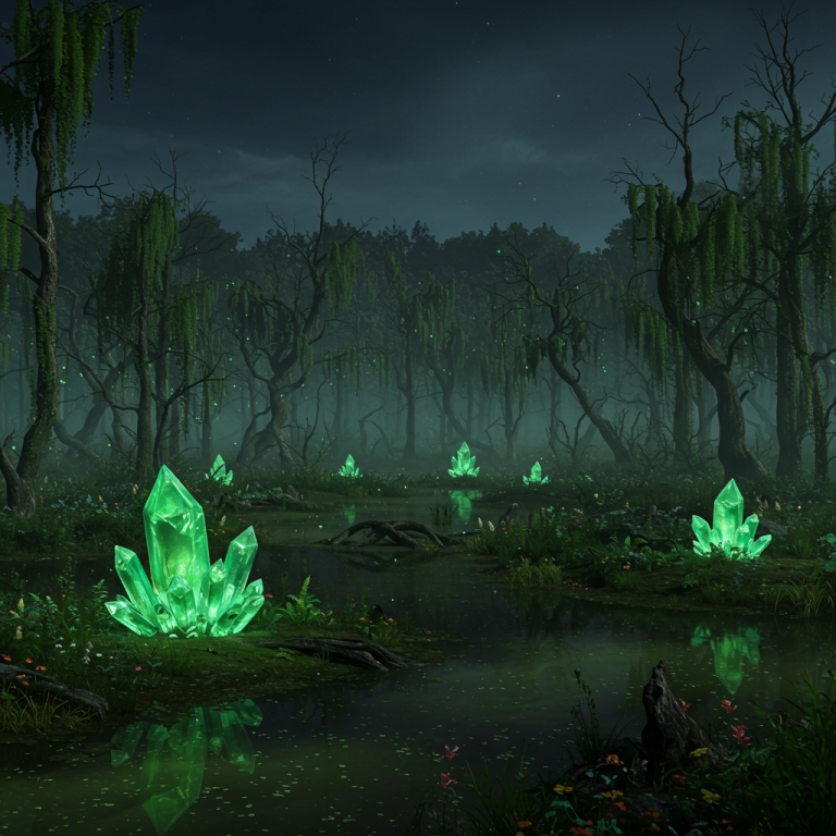 pantano monster Pantano neblinoso con cristales verdes brillantes emergiendo del lodo y agua oscura.