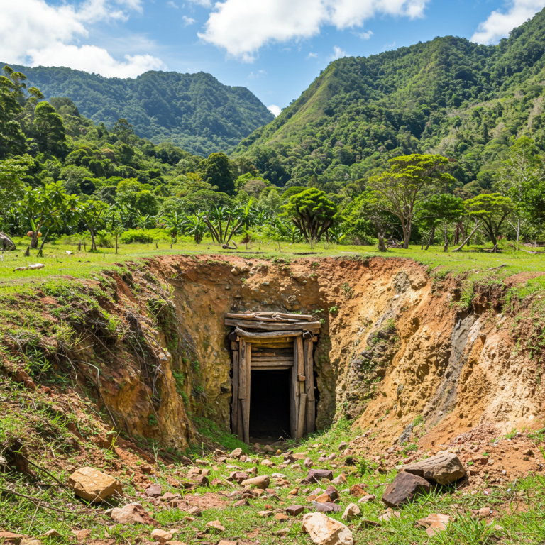 Entrada de madera de una mina artesanal excavada en una colina, rodeada de vegetación tropical y montañas verdes.