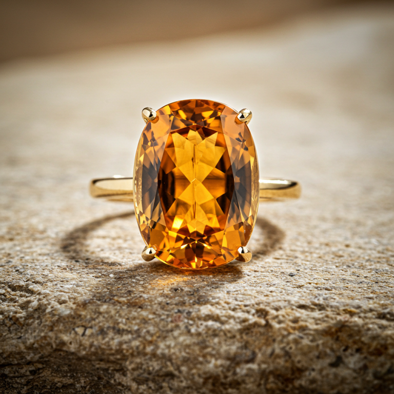 Anillo de Citrino de gran tamaño con corte ovalado en engaste de oro amarillo sobre una superficie de piedra.