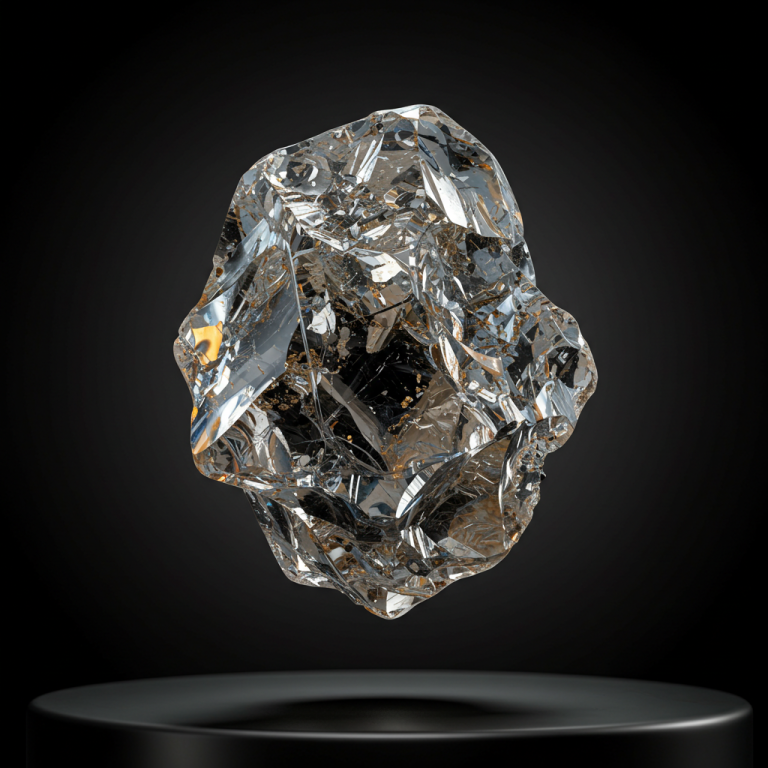 cristal flotando Modelo 3D detallado de un mineral híbrido de cristal y metal flotando en un fondo oscuro.