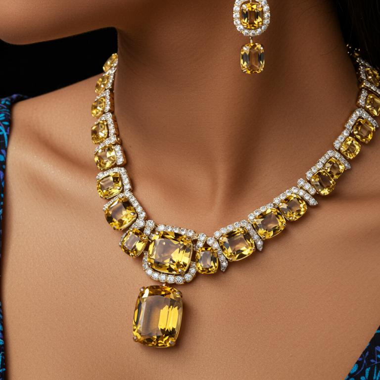 Lujoso collar de Citrino y diamantes usado por una mujer; incluye pendientes a juego.