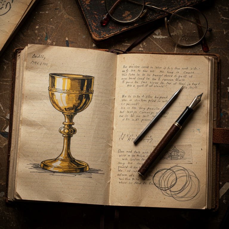 Diario de investigación antiguo con bocetos del Grial, notas manuscritas y gafas de arqueólogo.