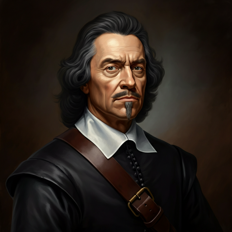 Retrato al óleo de un líder político masculino del siglo XVII, vestido con ropa sencilla y oscura, expresión severa, figura histórica.