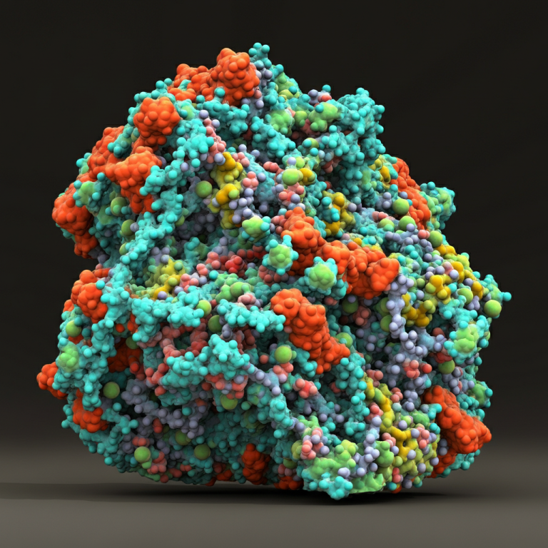 Modelo molecular tridimensional complejo en tonos azul, verde, naranja y amarillo sobre fondo oscuro.