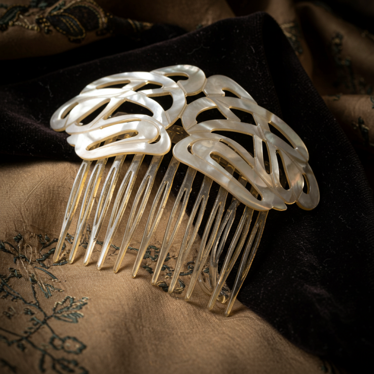 Peineta Art Nouveau de Madreperla (Nácar) tallada y pulida Peineta antigua de estilo Art Nouveau, hecha de madreperla blanca. El diseño calado y orgánico de la peineta resalta lustre e iridiscencia
