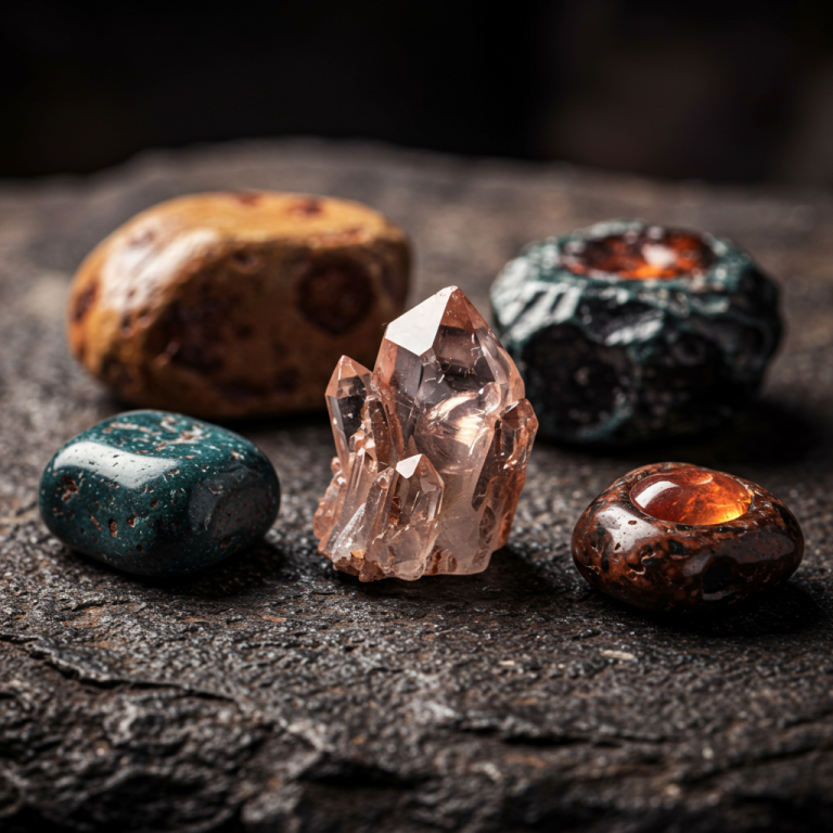 bodegón piedras monster Piedras preciosas en bruto y cristales de luz sobre una superficie de piedra natural.