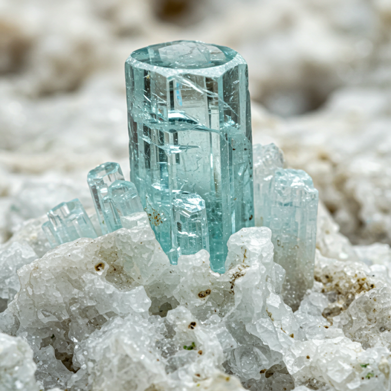 Aguamarina, Silicato de Aluminio y Berilio. Dureza 7.5. Formación magmática en pegmatitas. Cristal columnar en bruto.