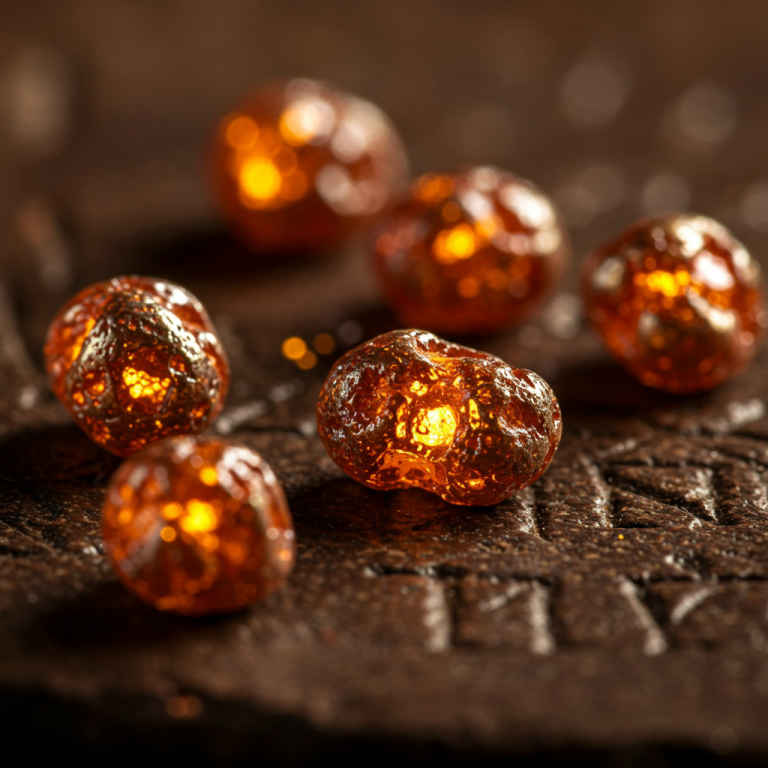 Primer plano de cuentas de Oricalco: metal mítico de la Atlántida sobre piedra con inscripciones.