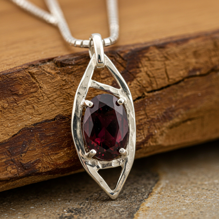 Colgante de plata de ley con diseño de hoja, que enmarca un granate ovalado rojo oscuro facetado.