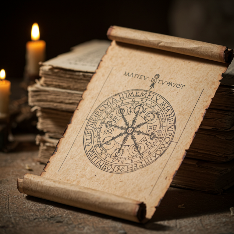 Manuscritos antiguos y pergaminos de Platón sobre mesa de piedra con símbolos de astronomía mítica.