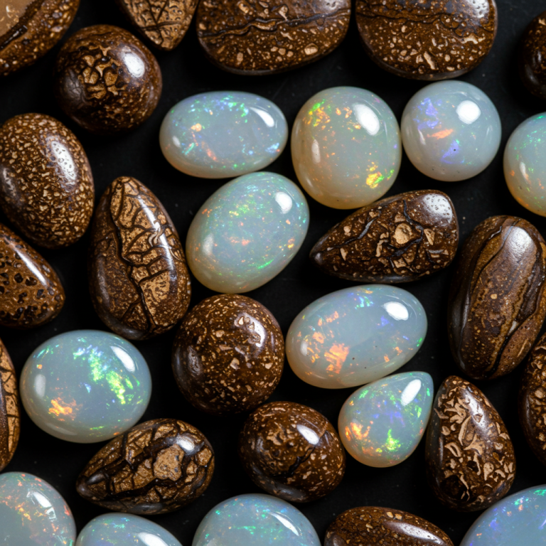 Surtido de ópalos de roca y ópalo blanco Mosaico de ópalos: ópalos blancos ovalados con juego de color, mezclados con cabujones de ópalo de roca marrón.