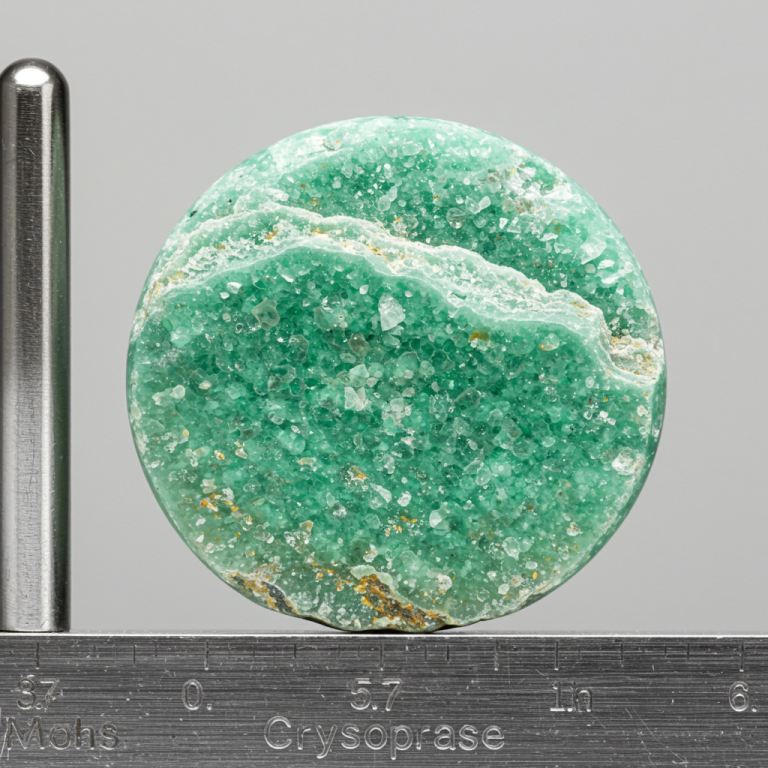 Disco de cuarzo calcedonia crisoprasa siendo medido junto a una aguja, con la indicación Mohs de 5 a 7 en la escala. 