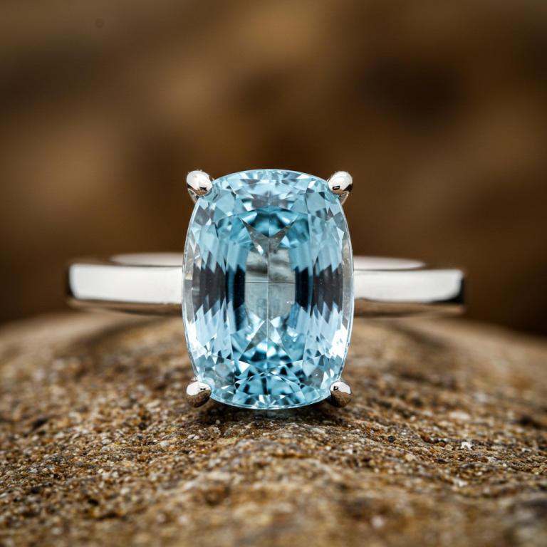 Anillo de banda de metal simple con una gran aguamarina azul claro talla cojín, engastada con cuatro garras.