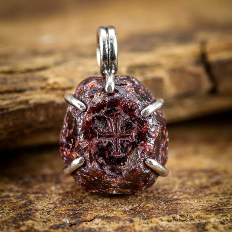 Colgante de granate en bruto, rojo oscuro y engastado en plata con garras; una cruz está tallada en la superficie de la gema.
