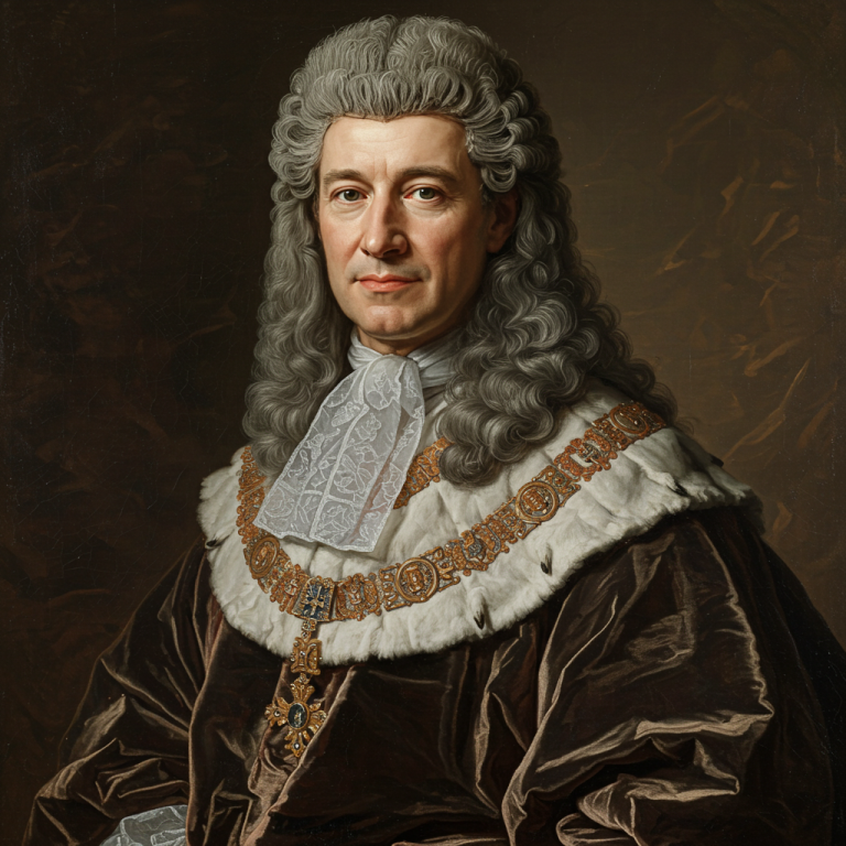 Retrato barroco al óleo de un rey europeo del siglo XVII, elaborada peluca, ricas túnicas de terciopelo, estilo opulento.